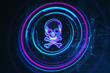 Creative digital round skull hologram on dark backdrop. Hacking, piracy and malware concept. 3D Rendering.
