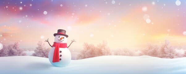 Happy smilling snowman with white snowing winter ladscape, panorama banner. Generative Ai.