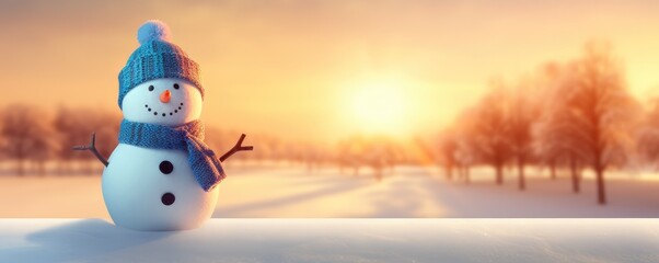 Happy smilling snowman with white snowing winter ladscape, panorama banner. Generative Ai.