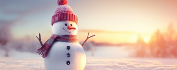 Happy smilling snowman with white snowing winter ladscape, panorama banner. Generative Ai.
