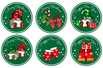 Happy New Years set stickers with painted elements. Hand drawn gnomes. Merry Christmas set  stickers.