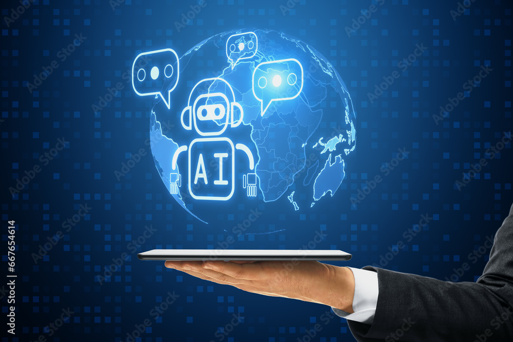 Poster close up of businessman hand holding mobile hand with creative glowing robot and globe ai hologram o