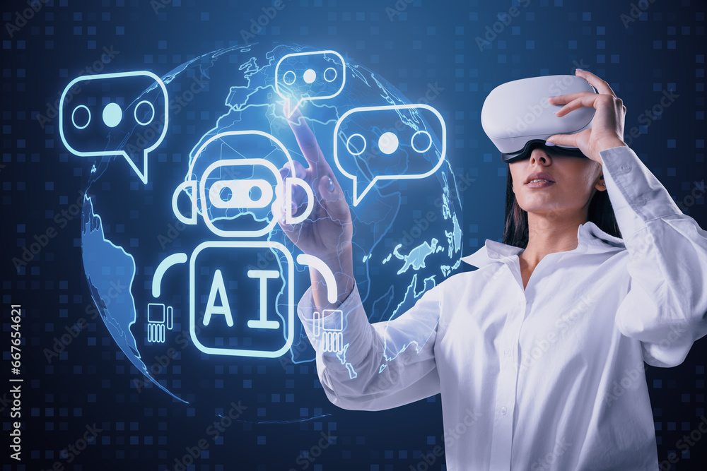 Poster attractive young european businesswoman with vr glasses using creative glowing robot and globe ai ho