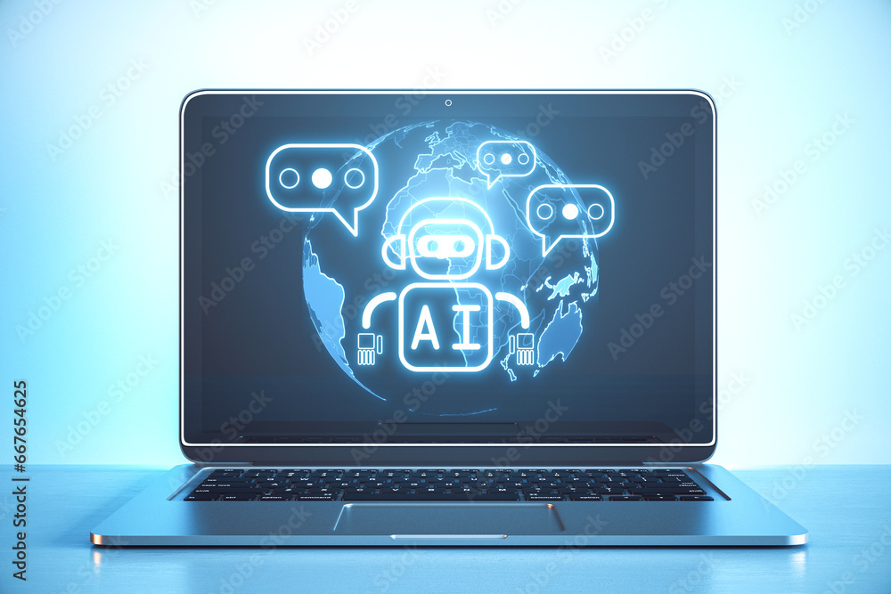 Aufkleber Close up of laptop on table with creative glowing robot and globe ai hologram on blurry background. Machine learning, artificial intelligence and innovation concept. 3D Rendering.