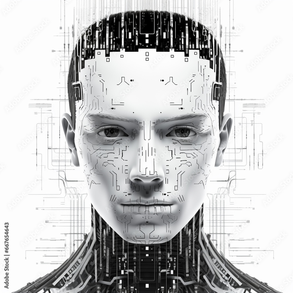 Poster A robot face with a matrix of binary code in the background, suggesting AI's computational abilities.