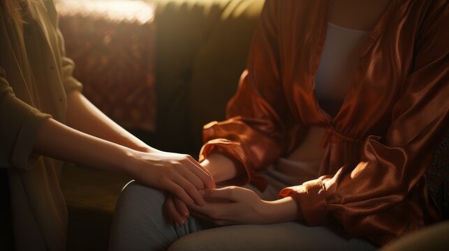 Psychotherapist offering help to patient, holding her hands during psychotherapy session, Psychological support. Close-up shot