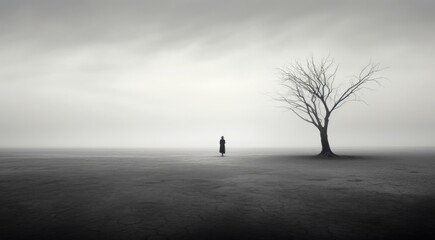A lone person standing in front of a tree in the middle of a foggy field, AI - Powered by Adobe