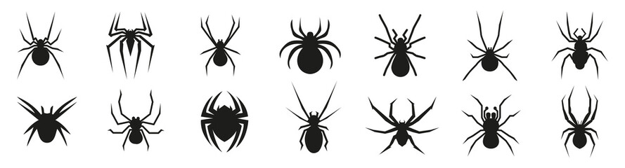 Spider icons in black. Set of black spider icons. Halloween spider icons. Spider silhouette collection