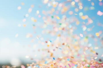 Abstract festive light blue background with splash of multicolored pastel sparkle confetti