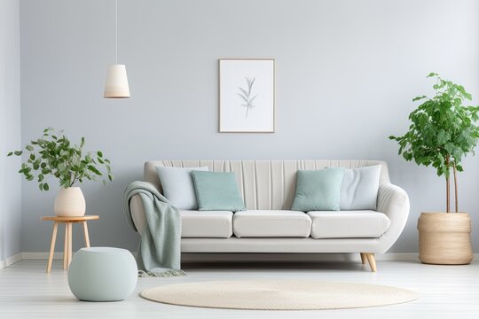 Minimalist living room interior with a modern sofa, pastel decor, indoor plants, and soft lighting, creating a cozy and stylish home design with Scandinavian aesthetics and neutral color tones