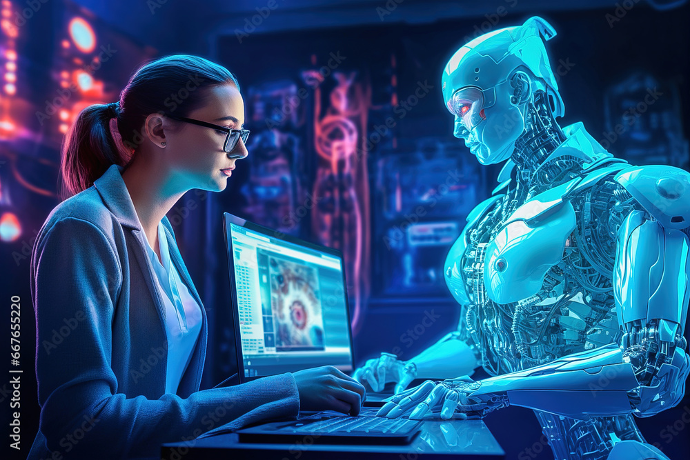 Poster a female programmer discusses project details with a humanoid robot.