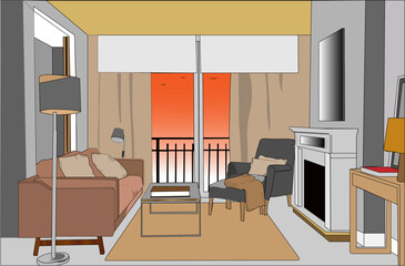 Vector de Salón de casa interior acogedor con sillón confortable, chimenea, butaca y un grande ventanal al atardecer. Decoración de sala de estar interior.
