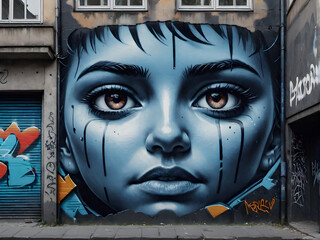 Urban Street Art: Vibrant Face Mural Adorning City Street. generative ai
