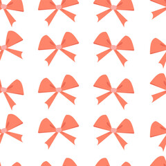 Obraz premium Seamless pattern of red bow. Ribbon, satin, silk. Wrapping decoration material for gifts. Vector flat design.