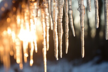 icicles hanging from a roof - obrazy, fototapety, plakaty