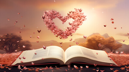 Paper heart on open book on blurred background, Paper heart on open book on blurred background, Paper heart on open book on blurred background