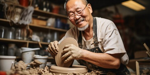 Fototapeta na wymiar Elderly Asian Man in the Zone: Crafting Pottery in His Studio
