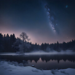 Fototapeta na wymiar A peaceful, frozen lake surrounded by snow-draped trees, with a starry night sky overhead