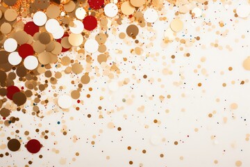 Abstract festive white background with golden and red sparkle confetti circles.