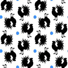 Obraz premium Rooster seamless pattern design with a black silhouette on white background, vector