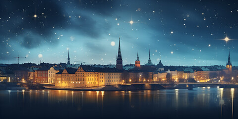 Scenic aerial view of riddarholmen, gamla stan, in the old town in stockholm at night, Artful and imaginative portrayal of a nighttime landscape generative ai
