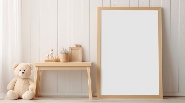 Blank vertical frame on monochrome soft background in children's room. Mock up for a photo or illustration. Children's photos. Unforgettable moments. Interior decor. High quality photo
