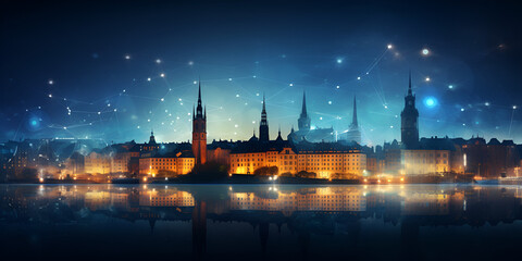 Christmas Greetings from Hedengren ,Scenic aerial view of riddarholmen, gamla stan, in the old town in stockholm at night, capital of sweden generative ai
