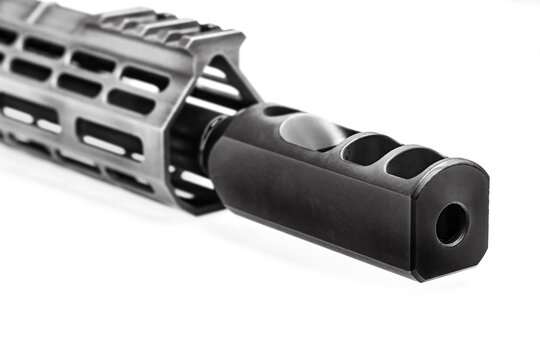 Assault rifle with flame arrester flash suppressor detail isolated