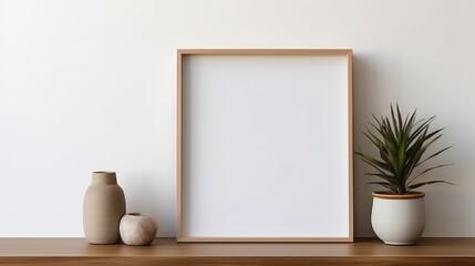 Obraz na płótnie Canvas Blank vertical frame on a monochrome soft background in beige colors. Mock up for a photo or illustration. Stylish frame for a photo. Interior decor. High quality photo