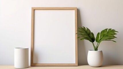 Blank vertical frame on a monochrome soft background in beige colors. Mock up for a photo or illustration. Stylish frame for a photo. Interior decor. High quality photo