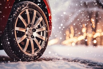 Fototapeta na wymiar Close-up of a car wheel on a winter road