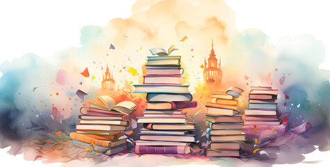 Watercolor Illustration with stack of books isolated on white background - obrazy, fototapety, plakaty