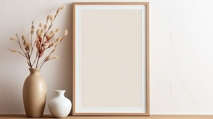 Fototapeta na wymiar Blank vertical frame on a monochrome soft background in beige colors. Mock up for a photo or illustration. Stylish frame for a photo. Interior decor. High quality photo