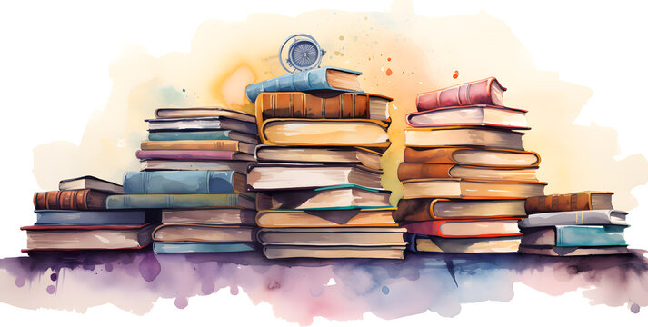 Watercolor Illustration with stack of books isolated on white background