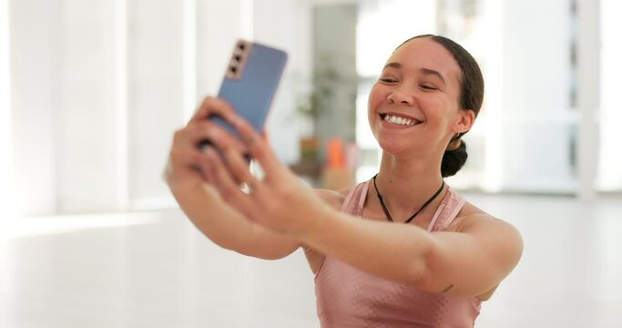Woman, selfie and smile after workout, happiness and indoor for yoga class, positive and profile picture. Wellness, social media or post for web, active or healthy for exercising, trainer or phone