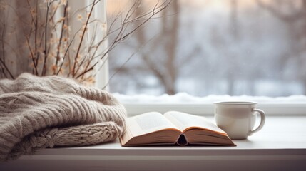 A cup of coffee and an open book on the windowsill and a winter view in the window. cozy homely atmosphere - obrazy, fototapety, plakaty