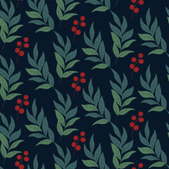 Vector seamless pattern with stylized eucalyptus twigs and holly berries. Christmas, winter pattern.