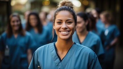 Diverse group of student nurses immersed in medical education and teamwork in a hospital setting. Candid shot of young professionals studying togethe - obrazy, fototapety, plakaty