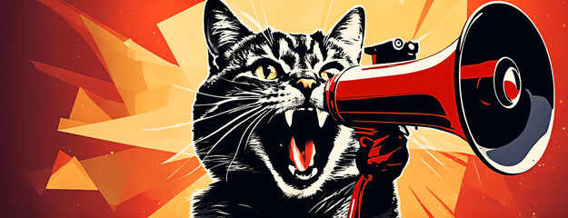 Funny cat shouting at a megaphone in collage art style. Banner format. Pop art style.