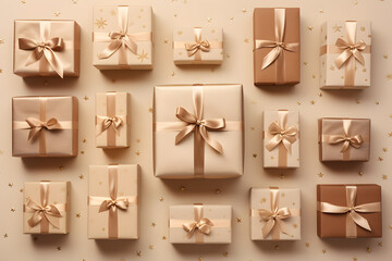 Fototapeta na wymiar Many Gift boxes with kraft paper 