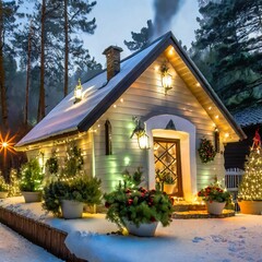Casa con decoración de luces navideñas en Navidad