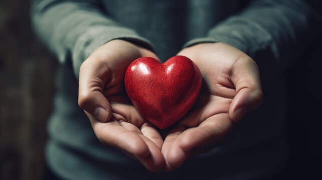 Close up of hands cradling a red heart, symbolizing love, care, and compassion, set against a soft-focused dark background