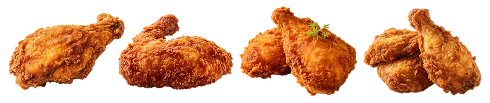 set of fried chicken meat portraits, crispy chicken menu, isolated on transparent background, generative ai