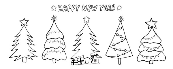 Collection of Christmas trees. Symbol of winter holidays. Happy New Year and Merry Christmas. Simple hand drawn doodle shape concept.For winter season cards, New Year posters and banners.