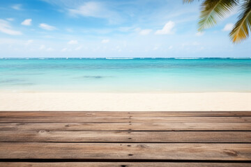 Fototapeta premium empty wooden table on the background of the beach and beautiful sea