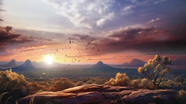 beautiful landscape sunset in the mountains background with anime or cartoon style. seamless looping time-lapse virtual video animation background.