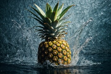 Water splash on pineapple fruit - obrazy, fototapety, plakaty
