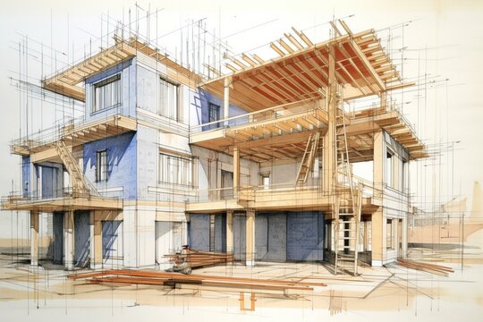 house under construction depicted on architectural drawings - ongoing construction. Generative AI