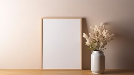 Blank vertical frame on a monochrome soft background in beige colors. Mock up for a photo or illustration