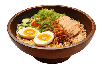 Delicious Ramen Bowl with Rich Broth and Toppings on transparent background.